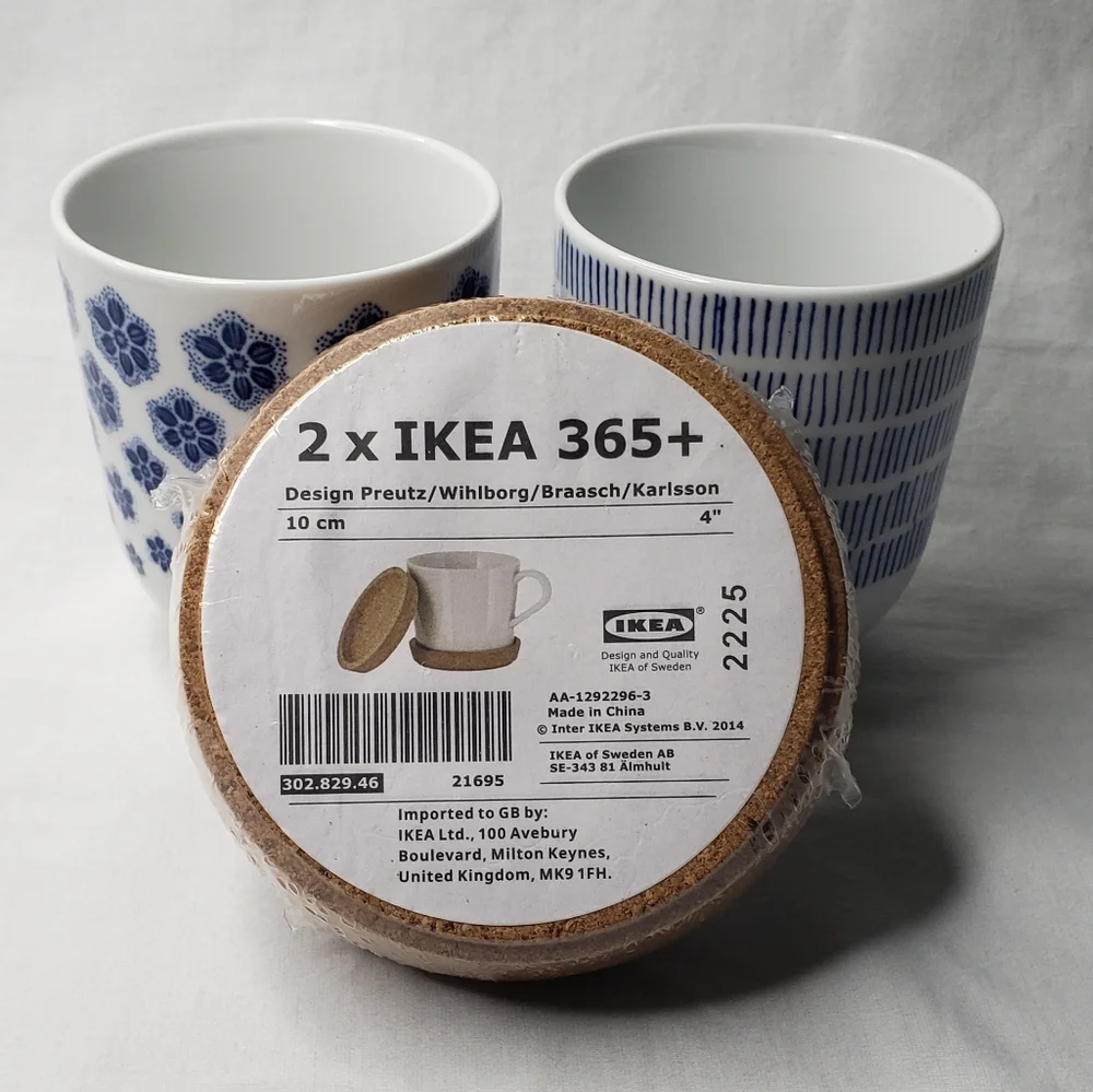 IKEA 365 New Cork Coasters + Blue Patterned Mugs Set